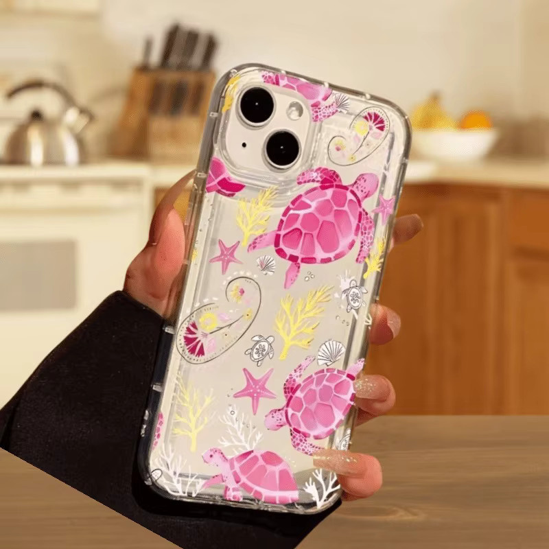 Transparente Apple iPhone Handyhülle aus TPU mit rosa Seestern- und Meeresschildkrötenmuster - Bild 3