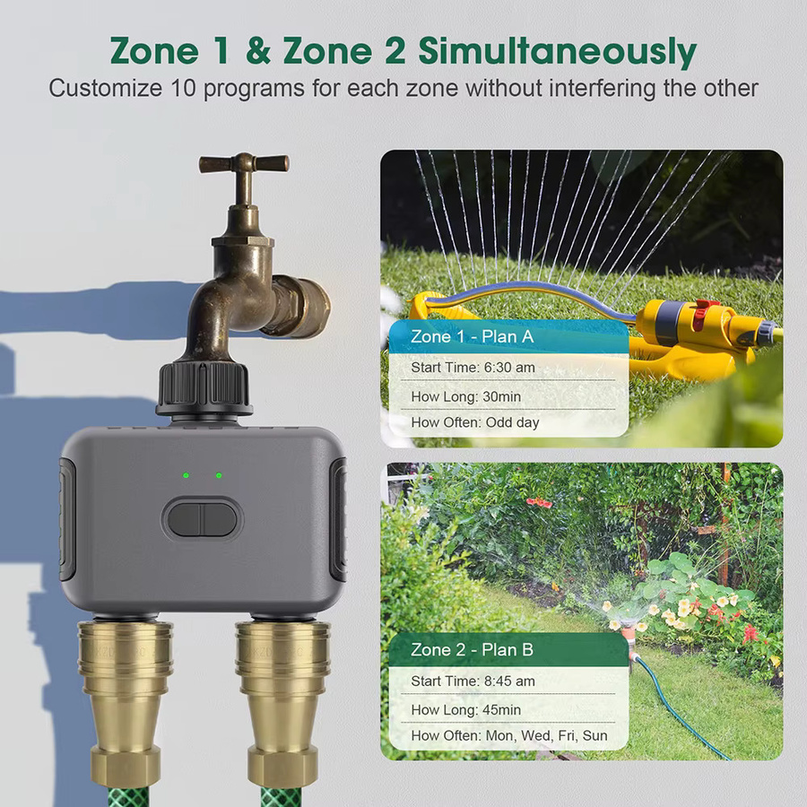 JUANJUAN Smart Bewässerung Timer mit 2 Auslässen, Bluetooth und Zigbee, programmierbarer Garten Wasser Timer für Schlauch und Sprinkler, kompatibel mit Alexa, Grau - Bild 3