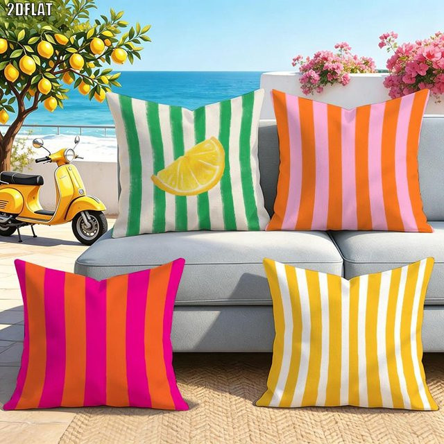 4er-Set Ciao Bella Kissenhüllen mit italienischem Streifenmuster, Dekorative Kissenbezüge für Terrasse und Wohnbereich, B/B: 60 x 60 cm, Mehrfarbig - Bild 1