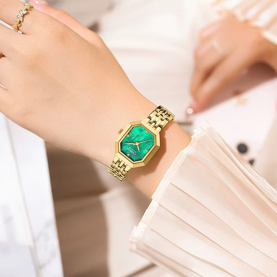 CURREN Armbanduhr Edelstahl, Eckig, Grün, Gold, Damen - Bild 2