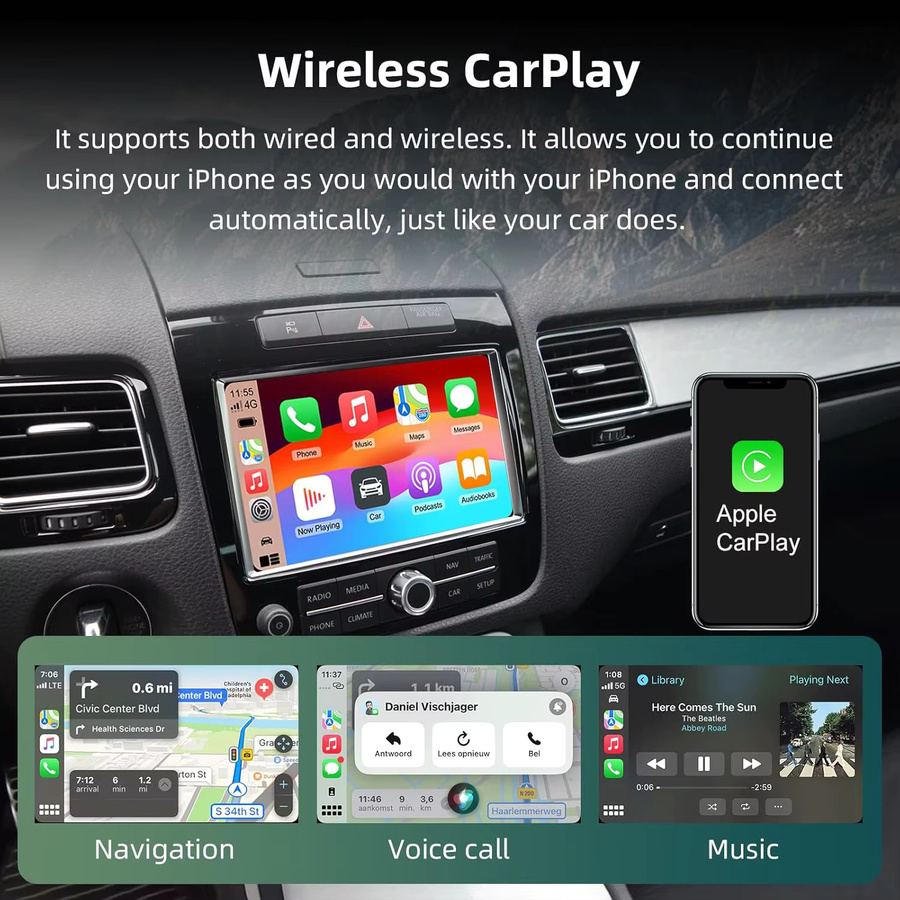 AUTOABC Kabelloses CarPlay Interface für VW Touareg RNS850 mit Android Auto, WiFi, Bluetooth 5.0, Mirrorlink und GPS Nachrüstkit - Bild 2