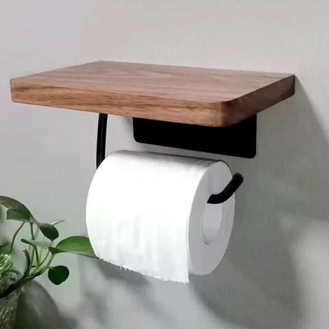Wandmontierter Toilettenpapierhalter mit Regal aus Walnussholz und Edelstahl 304 in Braun - Bild 1