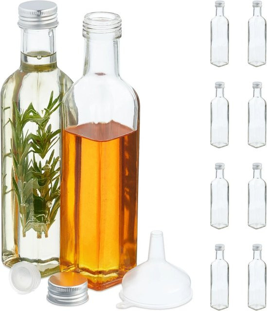 Relaxdays Glasflaschen zum Befüllen in Transparent mit Trichter, 10er Pack, Höhe: 22 cm, Breite: 4,5 cm, Tiefe: 4,5 cm - Bild 1