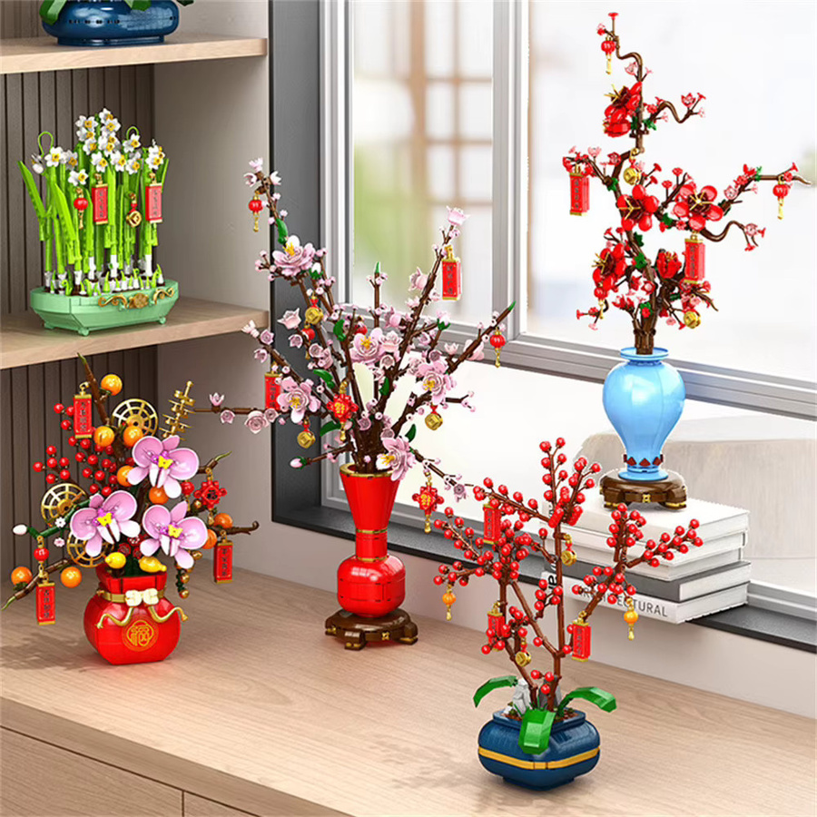 SUNVERY Ewige Bonsai-Bausteine, Pflaumen-, Pfirsich- und Orchideen-Blumenstrauß, Bausteine - Bild 2