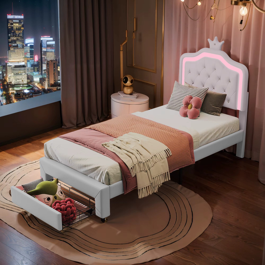 Polsterbett mit LED-Kopfteil und Schublade in Weiß/Rosa, Einzelbett für Kinder und Gäste aus PU-Kunstleder, B/T/H: 90 x 200 cm - Bild 2