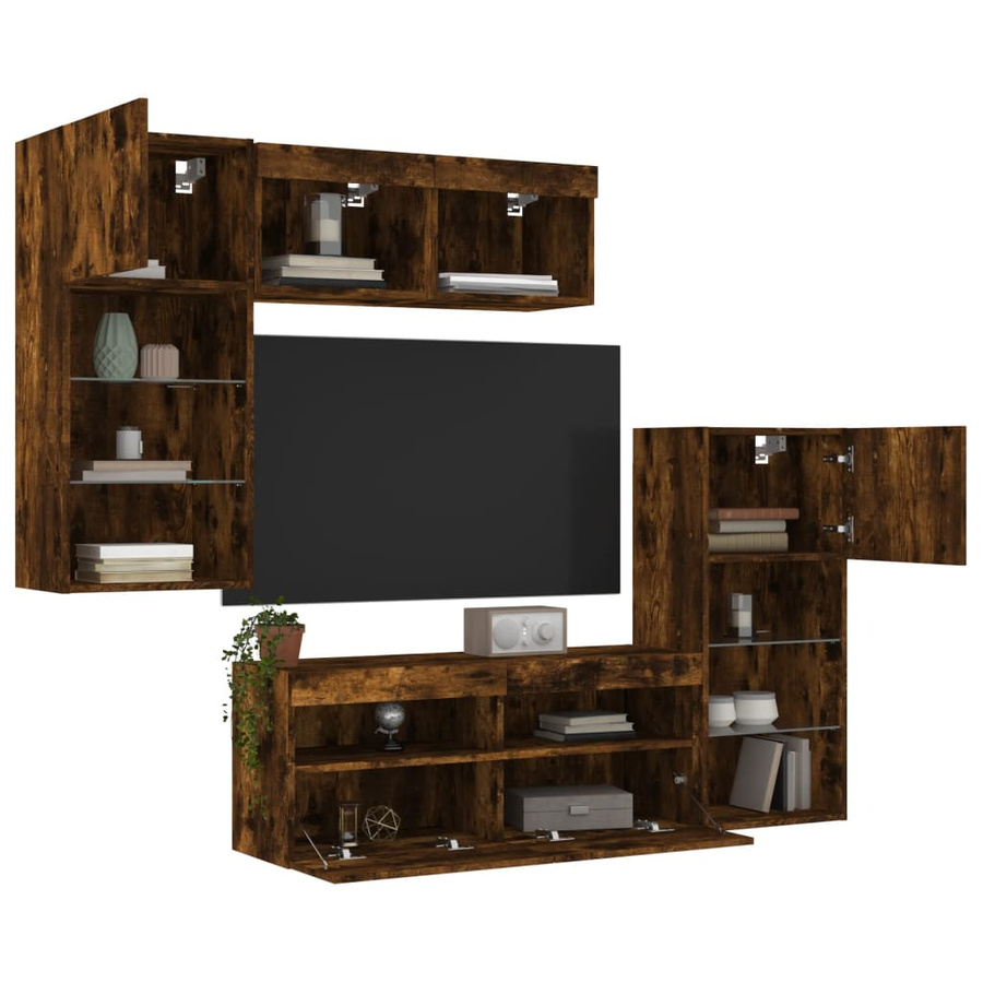 vidaXL 5-teiliges TV-Möbelset mit LED-Beleuchtung in Räuchereiche, modern und wandmontiert - Bild 5