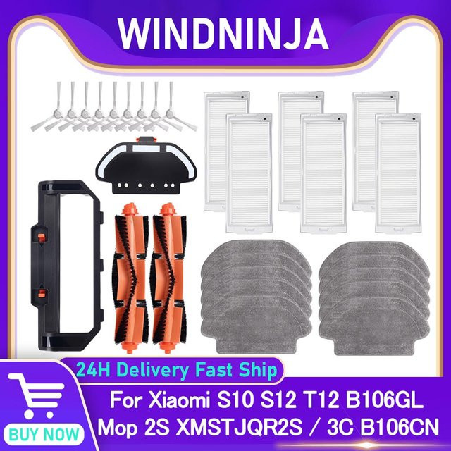 WINDNINJA Zubehör-Set für Xiaomi S10 S12 T12 B106GL Roboterstaubsauger mit Seitenbürsten, HEPA-Filter und Mopptüchern in Weiß - Bild 1
