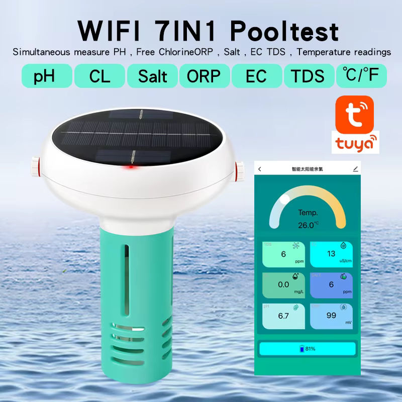RCXAZ 7-in-1 Wasserqualitätsmonitor mit Solarbetrieb und Zigbee: Digitaler Wasserdichter Tester für Chlor, pH, TDS, EC, ORP, Salzgehalt und Temperatur für Schwimmbäder - Bild 2