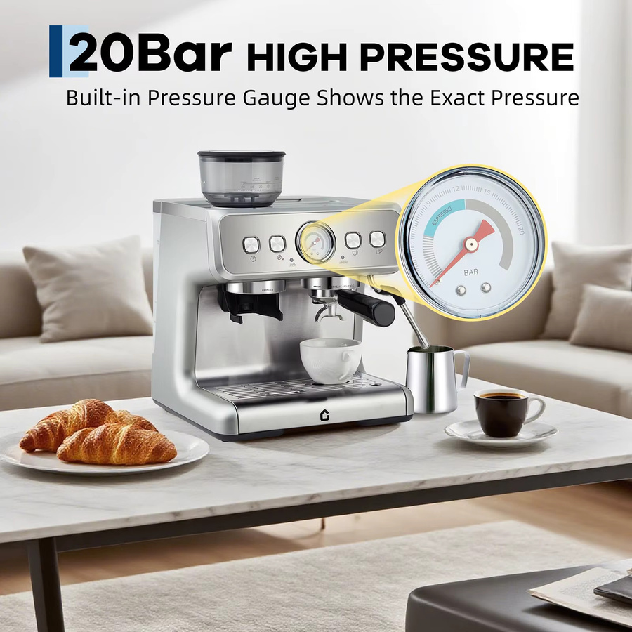 Adoolla 20-Bar-Espressomaschine aus Edelstahl mit Mahlwerk, Milchaufschäumer und 2,8 l abnehmbarem Wassertank in Silber - Bild 2