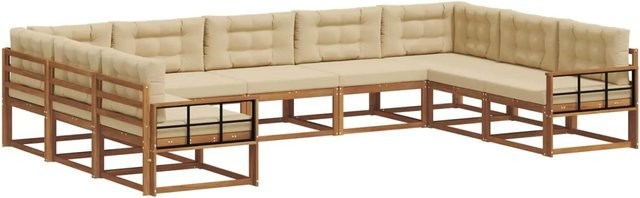 vidaXL Outdoor-Sofagarnitur 9-teilig in U-Form aus Akazienholz mit Kissen in Natur und Beige - Bild 1