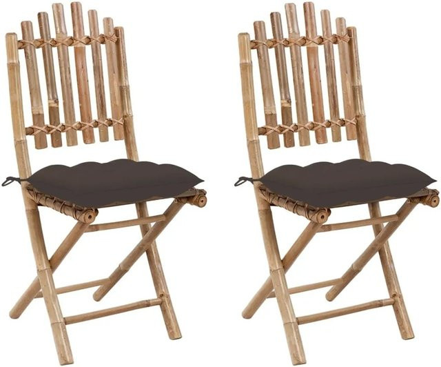 Furnicato 2er Set Klappbare Gartenstühle aus Bambus mit Kissen in Taupe, B/T/H: 50 x 42 x 92 cm - Bild 1