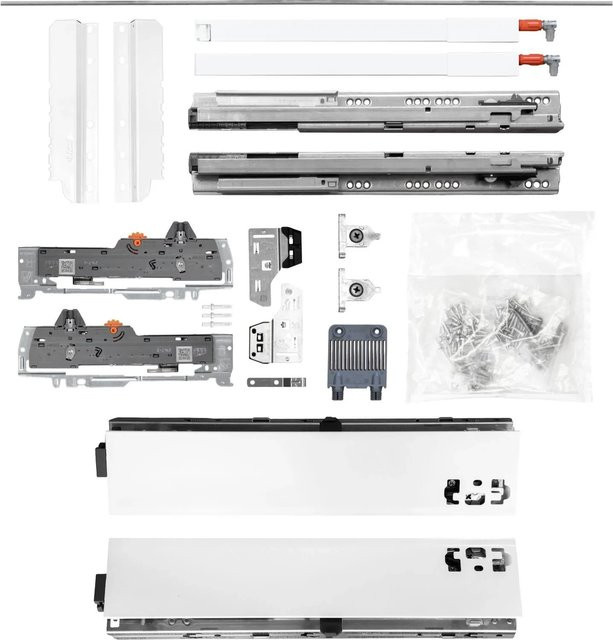 Blum Tandem Schubladenschienen Set mit Reling Weiß, Höhe: 83 cm, Breite: 140 cm, Tiefe: 65 cm, Tragkraft: 65 kg, Soft-Close, NL 650 mm - Bild 1
