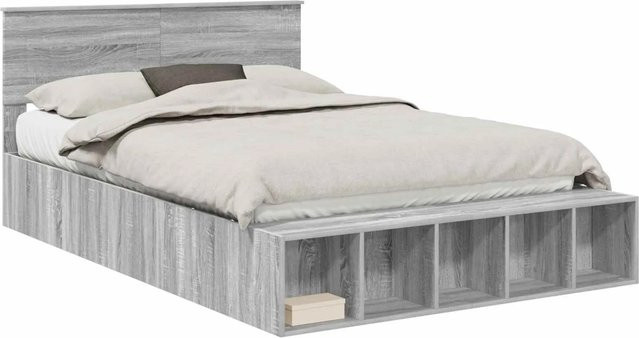 vidaXL Bettrahmen mit Regal in Grau Sonoma aus Holzwerkstoff, B/T/H: 140 x 190 x 143 cm - Bild 1