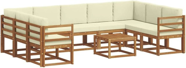 vidaXL Outdoor-Sofagarnitur aus Akazienholz in L-Form mit Kissen, 10-teiliges Set, Braun und Beige - Bild 1