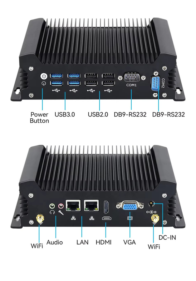 Lüfterloser Industrie-PC von Intel mit I5-1335U Prozessor, Windows 11/10 oder Linux, 2x COM RS232, 2x Gigabit Ethernet, 8x USB und Mini PCIe für WLAN oder 4G LTE, Schwarz, SFF - Bild 3