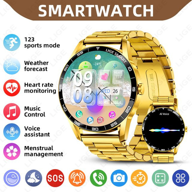 LIGE Smartwatch, Edelstahl, Gold, Schwarz, Herren - Bild 1