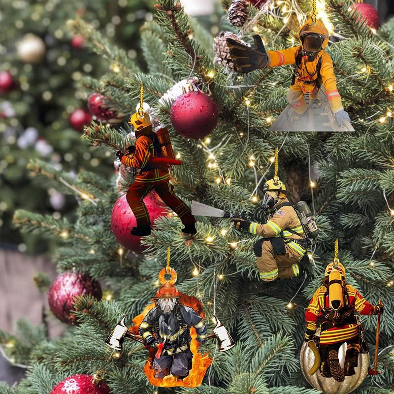 Hängendes Weihnachtsbaum Ornament aus Acryl mit Mini Feuerwehrmann Figuren als Anhänger für Auto Rückspiegel und Dekoration - Bild 3