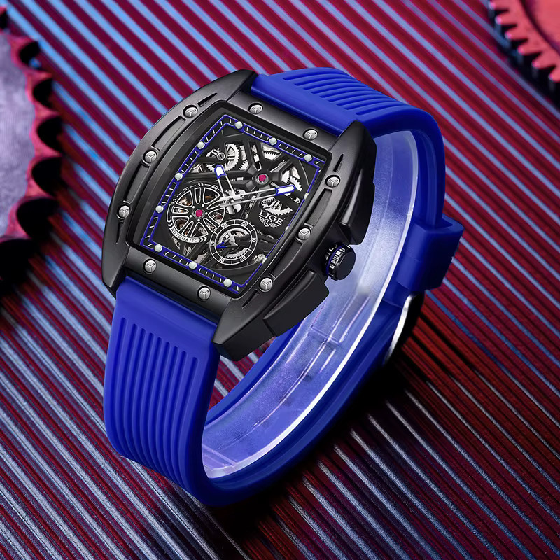 LIGE Armbanduhr Automatik, Sporttaucheruhr, Silikon, Schwarz, Orange, Herren - Bild 4