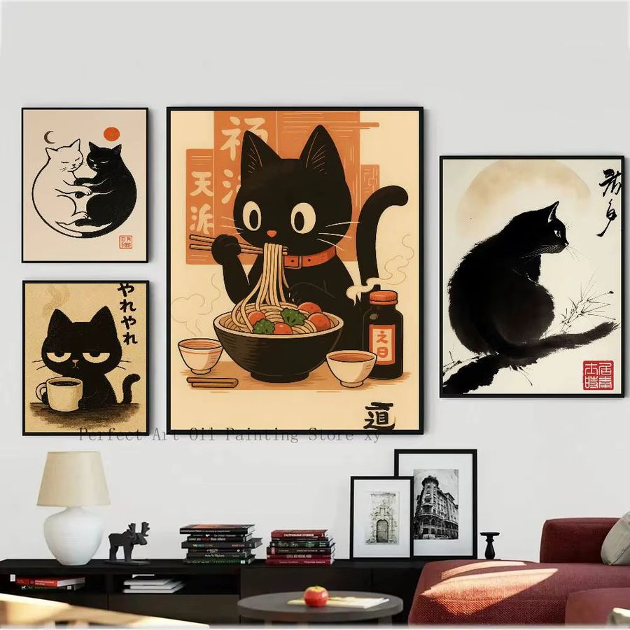 Retro Wandkunst Poster mit schwarzer Katze, Sushi und Espresso in Multicolor, rechteckig und ohne Rahmen - Bild 5