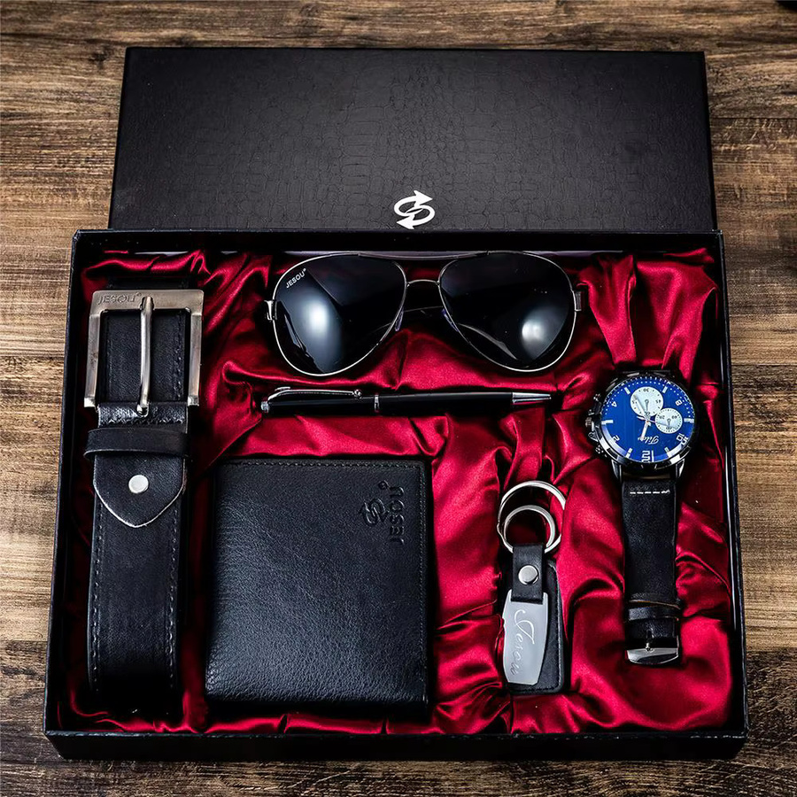 ZBJP Geschenkset Herren, Quarzuhr, Schlüsselanhänger, Sonnenbrille, Kugelschreiber, Gürtel, Geldbörse - Bild 1
