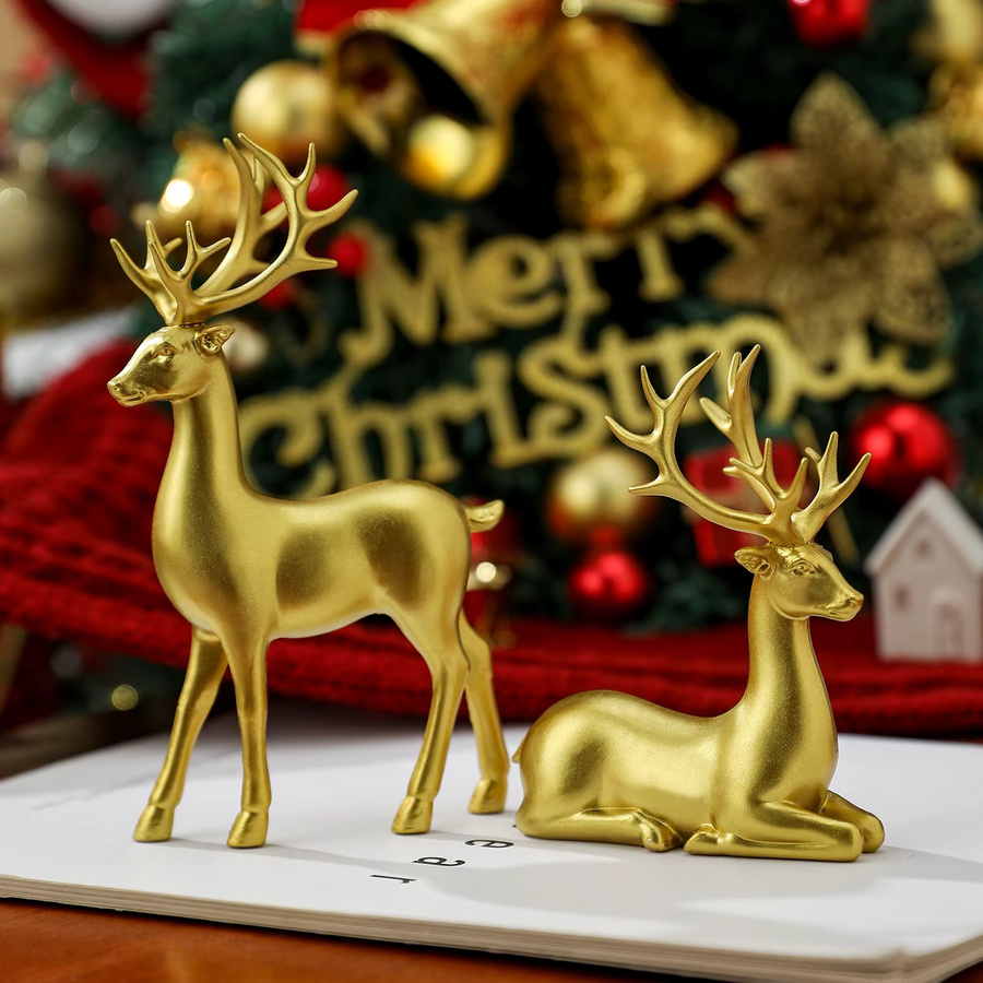 2-teiliges GUGUGUHOME Weihnachts-Rentier-Dekor aus Kunstharz in Weiß und Gold, stehende und sitzende Hirschfiguren für die Weihnachtsdekoration im Innenbereich - Bild 2