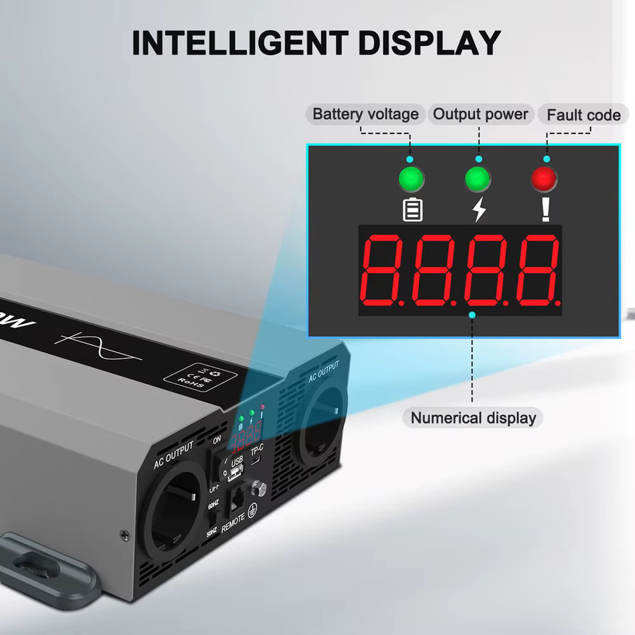 DATOUBOSS 2000W Reiner Sinus-Wechselrichter 12V DC zu 220V AC mit USB- und AC-Buchse sowie LCD-Display für RV, Auto und Heim - Bild 2