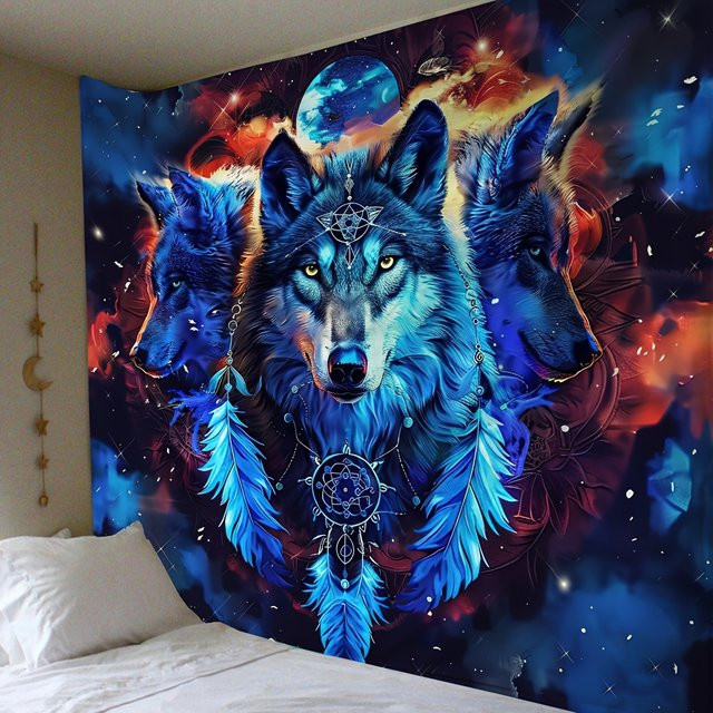 VIKAMA Wandteppich Wolf Totem im Bohemian-Stil mit Sternen und Federn, Mehrfarbig - Bild 1
