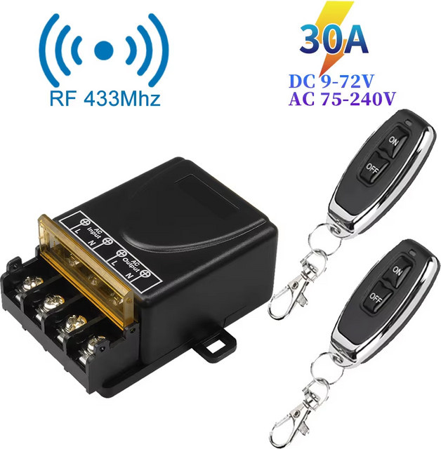 GGBEE Drahtloser Fernbedienungsschalter 433MHz mit Relais-Empfänger und Sender für Wasserpumpenmotor und LED, Schwarz, AC 75-220V/DC 9-72V 30A - Bild 1