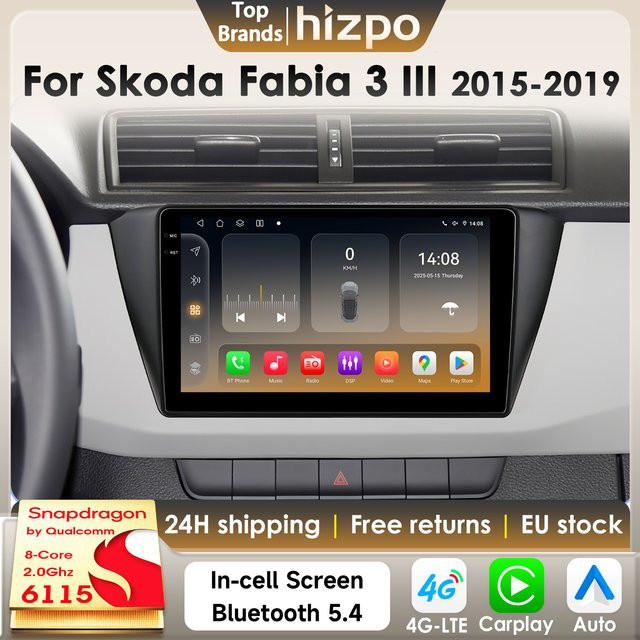 Hizpo Android 14 Autoradio für Skoda Fabia 3 III 2015-2019 mit Qualcomm Snapdragon 6115 8Core, 2Din Multimedia System mit GPS und 4G, Carplay, Schwarz - Bild 1