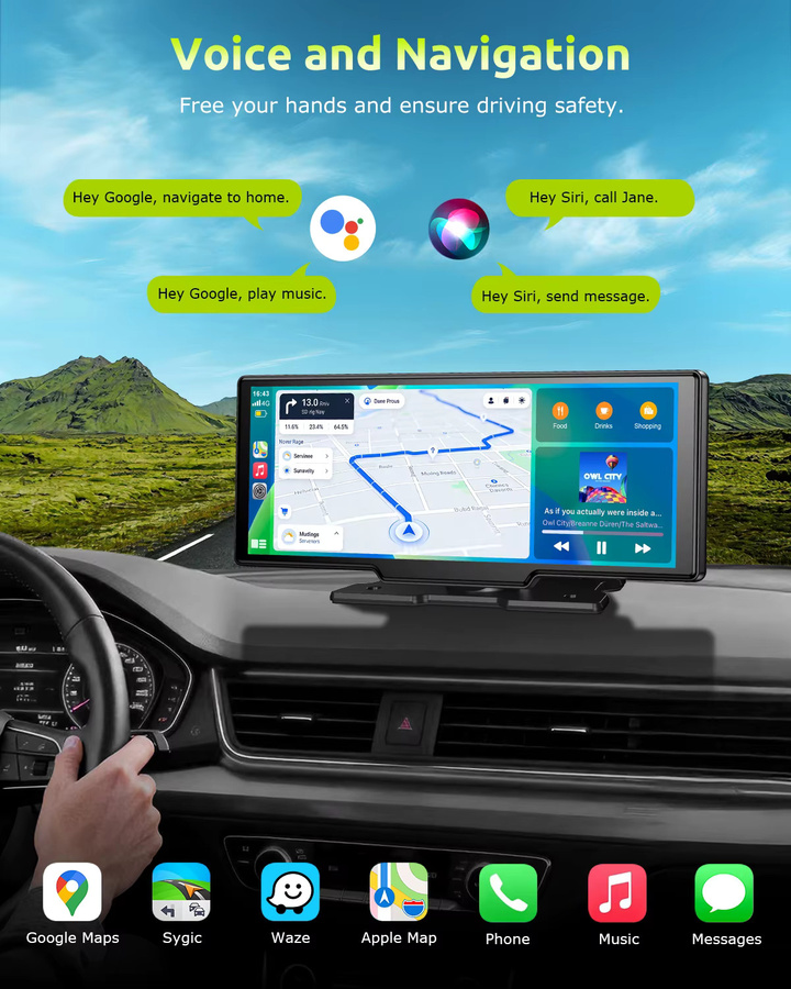 ESSGOO Tragbares Autoradio mit 10,26 Zoll 4K Touchscreen, kabelloses CarPlay, Android Auto, Bluetooth, Mirror Link und Dual-Lens Dashcam inklusive Rückfahrkamera in Schwarz - Bild 2