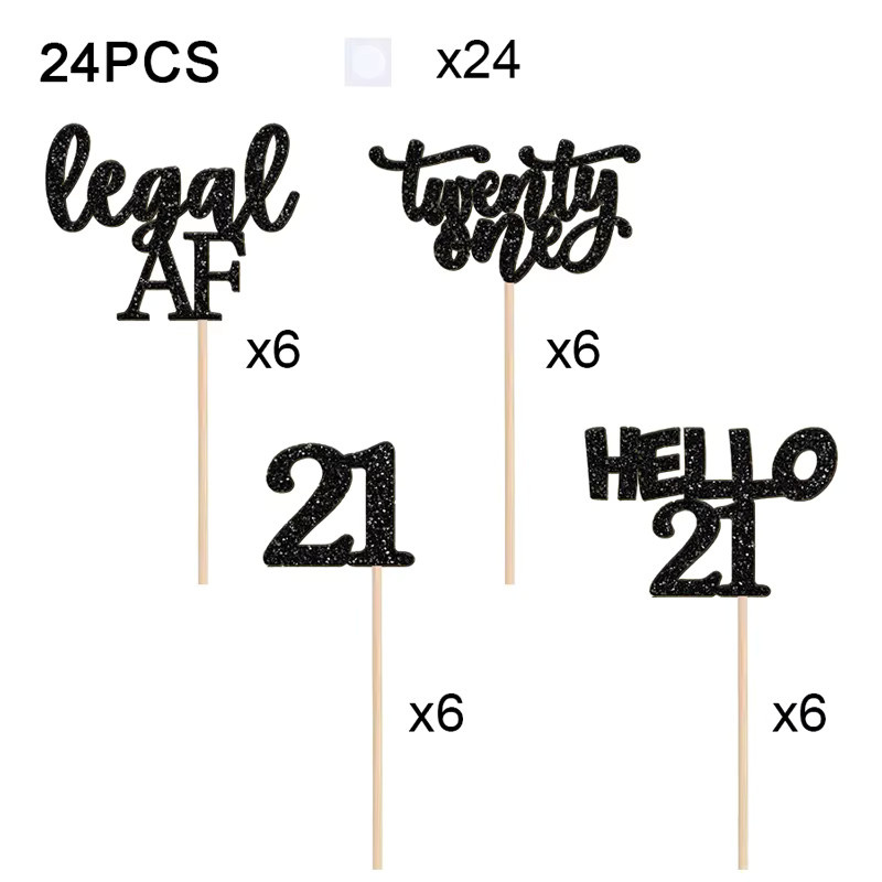 YOMDID 24 Stück Cupcake-Topper zum 21. Geburtstag in Gold und Schwarz mit Hello 21 Legal Af and Twenty One Designs - Bild 4