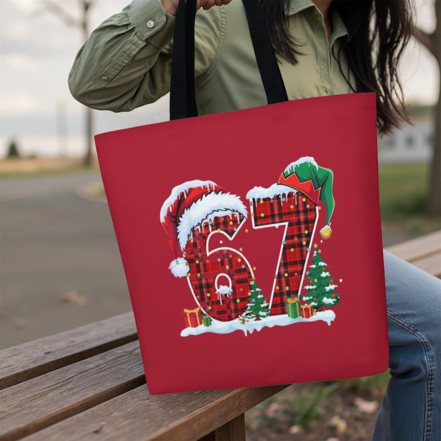 Weihnachts-Einkaufstasche aus Segeltuch mit Karomuster und Weihnachtsmann-Print in Rot - Bild 2