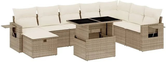 vidaXL 9-teilige Garten-Sofagarnitur in L-Form aus Poly-Rattan mit Kissen in Beige-Creme - Bild 1