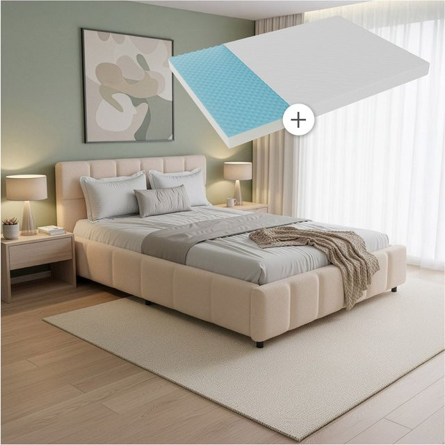 Juskys Polsterbett Florenz mit Matratze in Beige mit Bubble Design und Bouclé, B/T/H: 140 x 200 cm - Bild 1