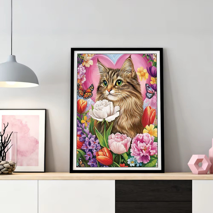 HUACAN Diamond Painting Set für Erwachsene mit Katze und Blumen in Multicolour, rundes Diamant-Mosaik Kunsthandwerk-Set - Bild 2