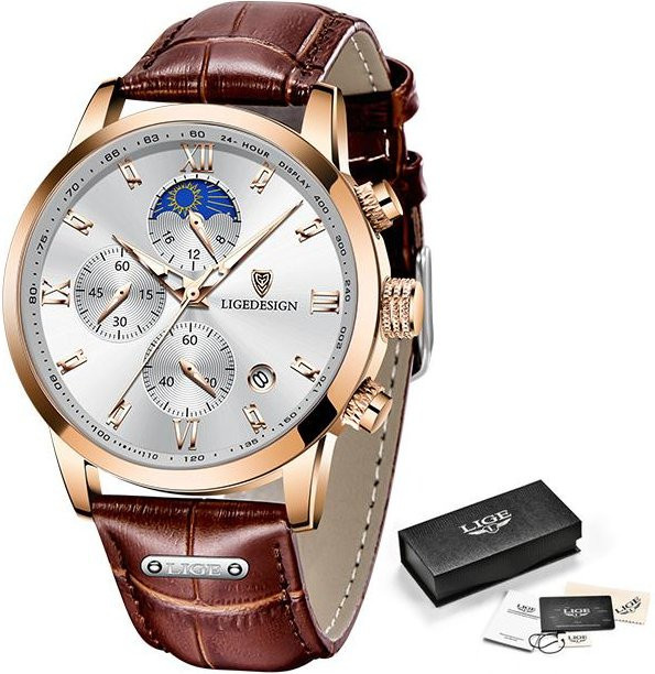 LIGE Armbanduhr Chronograph, Quarz, Edelstahl, Leder, Gold/Weiß, Herren - Bild 1