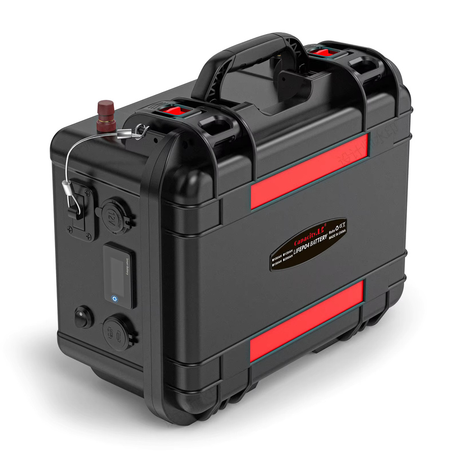 Wiederaufladbare 12V 100Ah LiFePO4 Lithium Batterie mit Bluetooth BMS in Schwarz für Camping, Solar und Boot - Bild 2