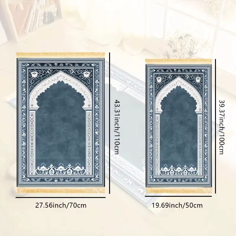 VIKAMA Islamischer Gebetsteppich Sajjadah in Blau, weiche und rutschfeste Gebetsmatte im orientalischen Design - Bild 2
