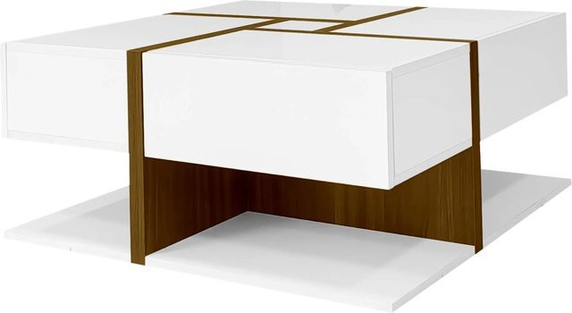 okwish Couchtisch mit 4 Schubladen in Weiß mit modernem Liniendesign und glänzender Oberfläche, B/T/H: 78 x 78 x 35 cm - Bild 1