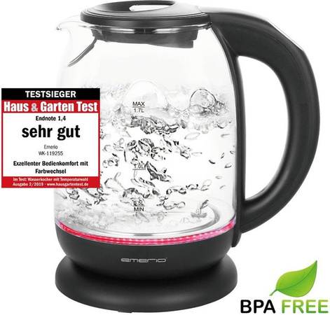 Emerio Glas-Wasserkocher WK-119255.5 in Schwarz mit 1,7 l Volumen