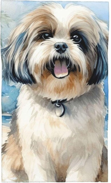Saugfähiges Baumwollhandtuch für Hunde mit Shih Tzu Strand Motiv, schnelltrocknend, Farbe: Weiß, B: 30 cm, H: 60 cm - Bild 1
