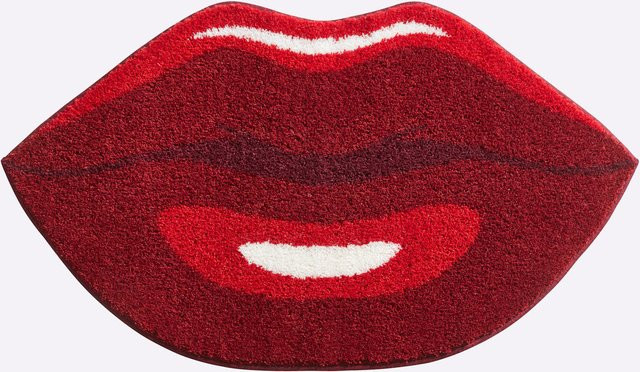 Ovaler Badematte in Rot mit Lippen-Design und grafischem Muster, rutschhemmend und für Fußbodenheizung geeignet, 100% Polyacryl - Bild 1
