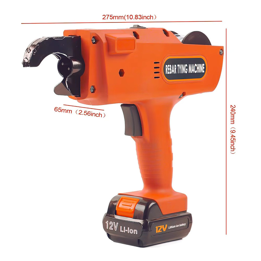 Podofo Automatische Bewehrungsbindemaschine 12V Orange, Kabellose Elektrische Bewehrungsbinderpistole mit 2 Akkus und einstellbarer Spannkraft für 8-34mm Stahlstäbe - Bild 5
