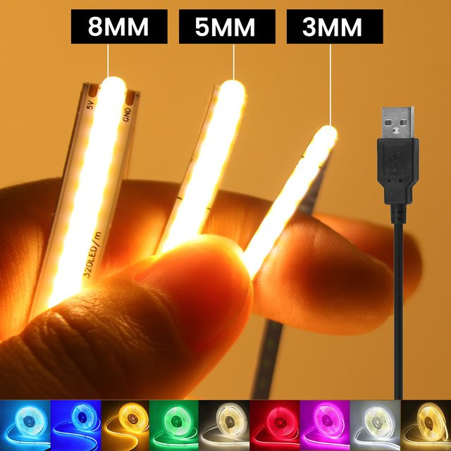 XUNATA USB COB LED-Streifen für TV-Hintergrundbeleuchtung und Dekoration, flexibles LED-Band in Weiß, Blau, Grün, Rot, Gelb oder Multicolour - Bild 1