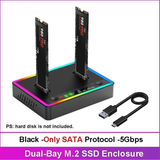 Kebidumei M.2 NVMe/SATA Dual-Bay Festplatten-Dockingstation mit Offline-Klonfunktion, USB 3.2 Gen2 SSD Duplikator und NGFF-Protokoll, Schwarz - Bild 1