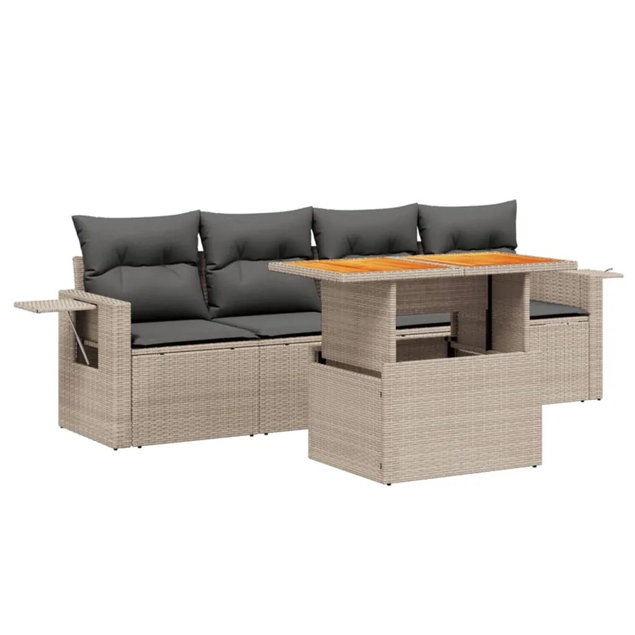 vidaXL 5-teilige Garten-Sofagarnitur aus grauem PE-Rattan mit Kissen und Tisch aus Akazienholz - Bild 2