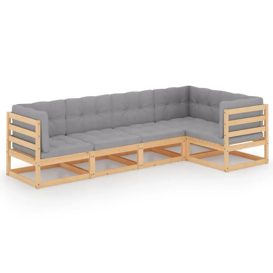 vidaXL 5-tlg Garten-Lounge-Set aus massivem Kiefernholz in L-Form mit grauen Polstern und Kissen - Bild 2