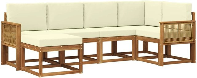 vidaXL Outdoor-Sofagarnitur L-Form aus Akazienholz mit 6 Kissen in Natur und Creme - Bild 1