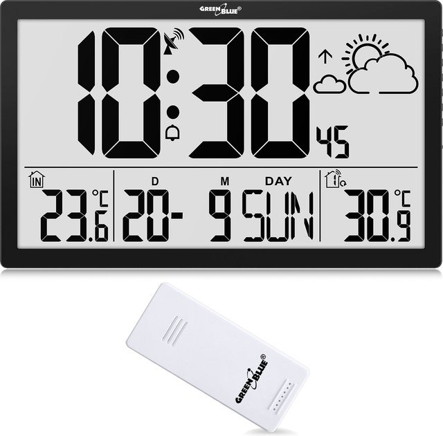 Digitale Wanduhr mit LCD-Wetterstation von MACLEAN in GrünBlau mit Thermometer und Datumsanzeige, B: 370 mm, H: 225 mm - Bild 1
