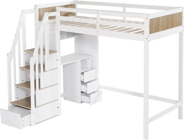 KOMHTOM Etagenbett für Kinder aus Kiefer und MDF mit Schreibtisch, 3 Schubladen, Treppenschrank und Fallschutzgitter, Weiß und Natur, B/T/H: 205 x 90 x 166 cm - Bild 1
